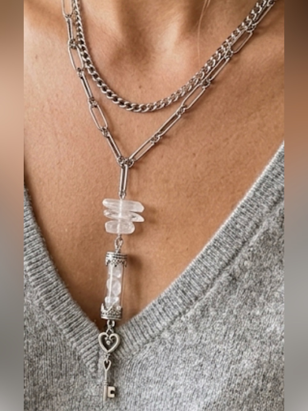 Bohemian Silver-Tone Layered Necklace with Clear Crystal Pendant